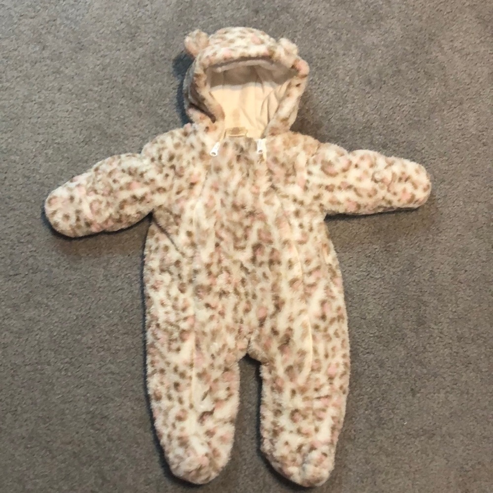 First Wish Pink and Brown Leopard Patterned Hooded Soft Baby Snowsuit